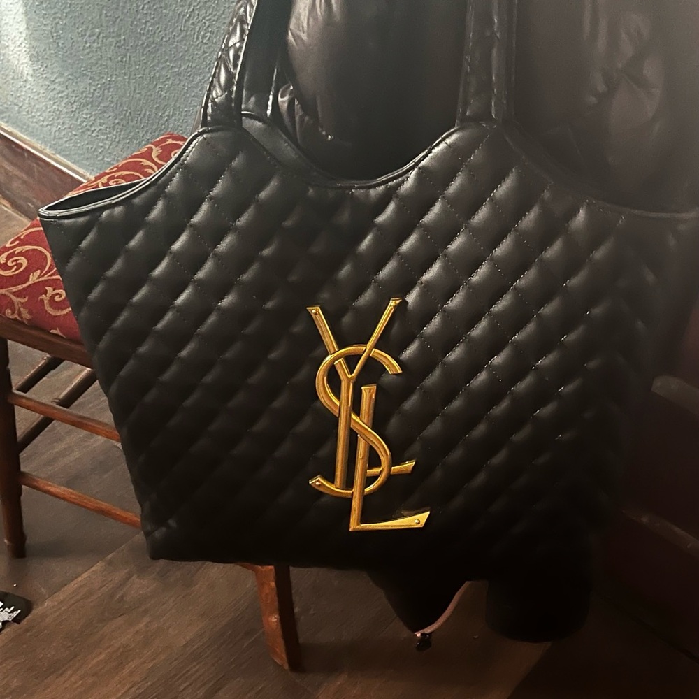 Copy Yves Saint Laurent Black Quilted Tote with Gold Logo